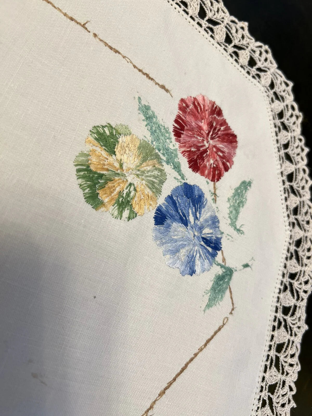 Vintage Floral Embroidered Cotton Doily