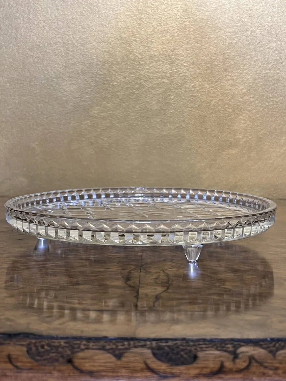 Vintage Glass Cut Cake Plate On Feet
