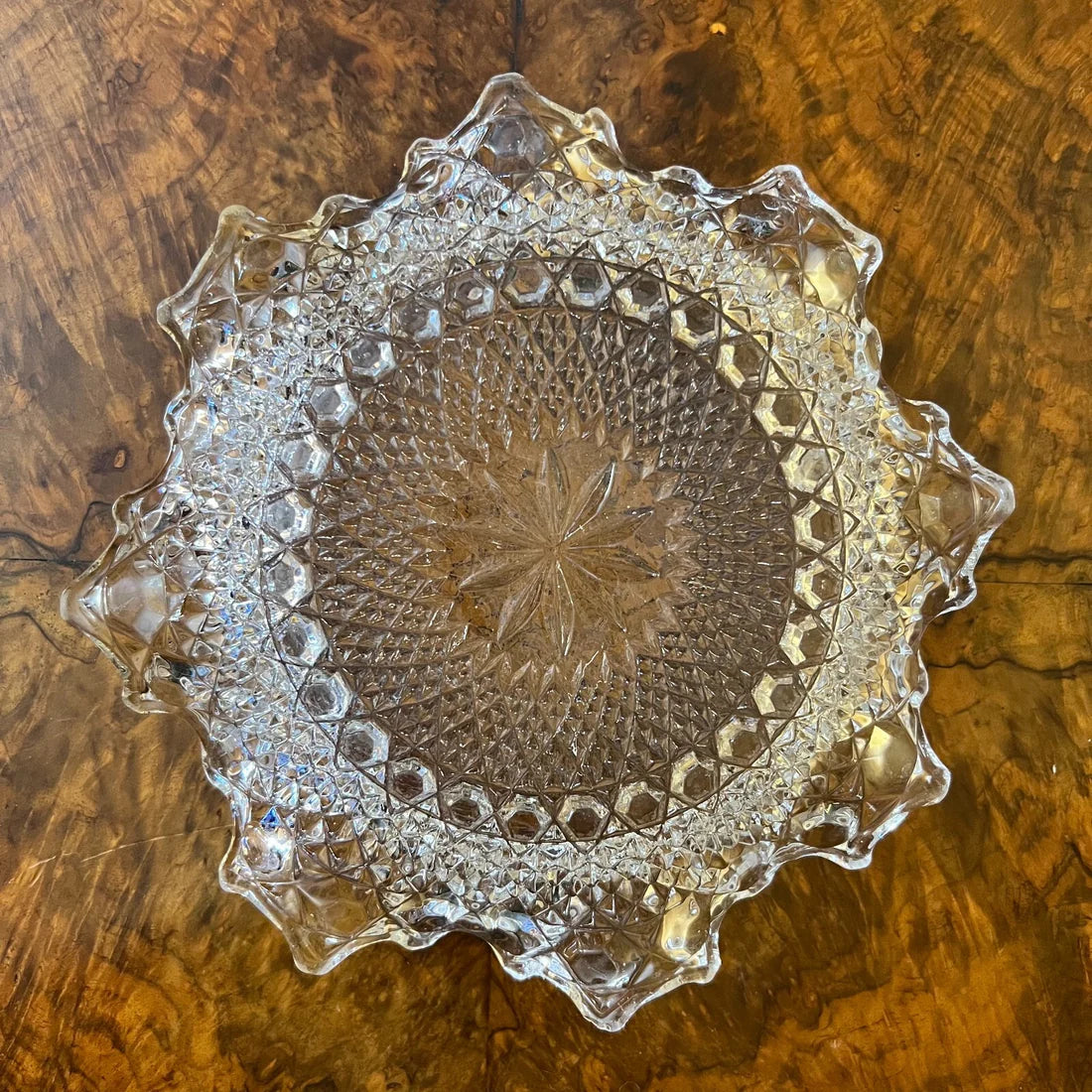 Vintage Ruffled Edge Glass Cut Display Bowl