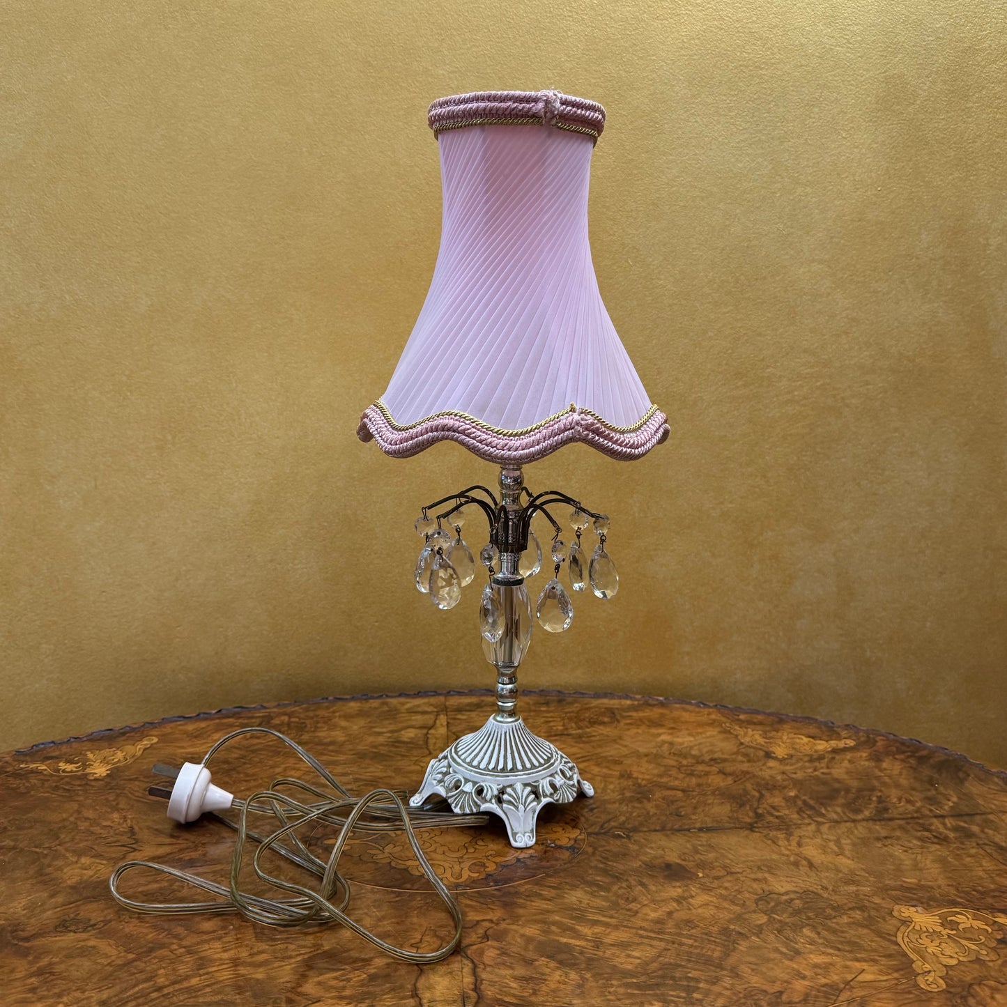 Vintage Metal Crystal Pink Shade Table Lamp