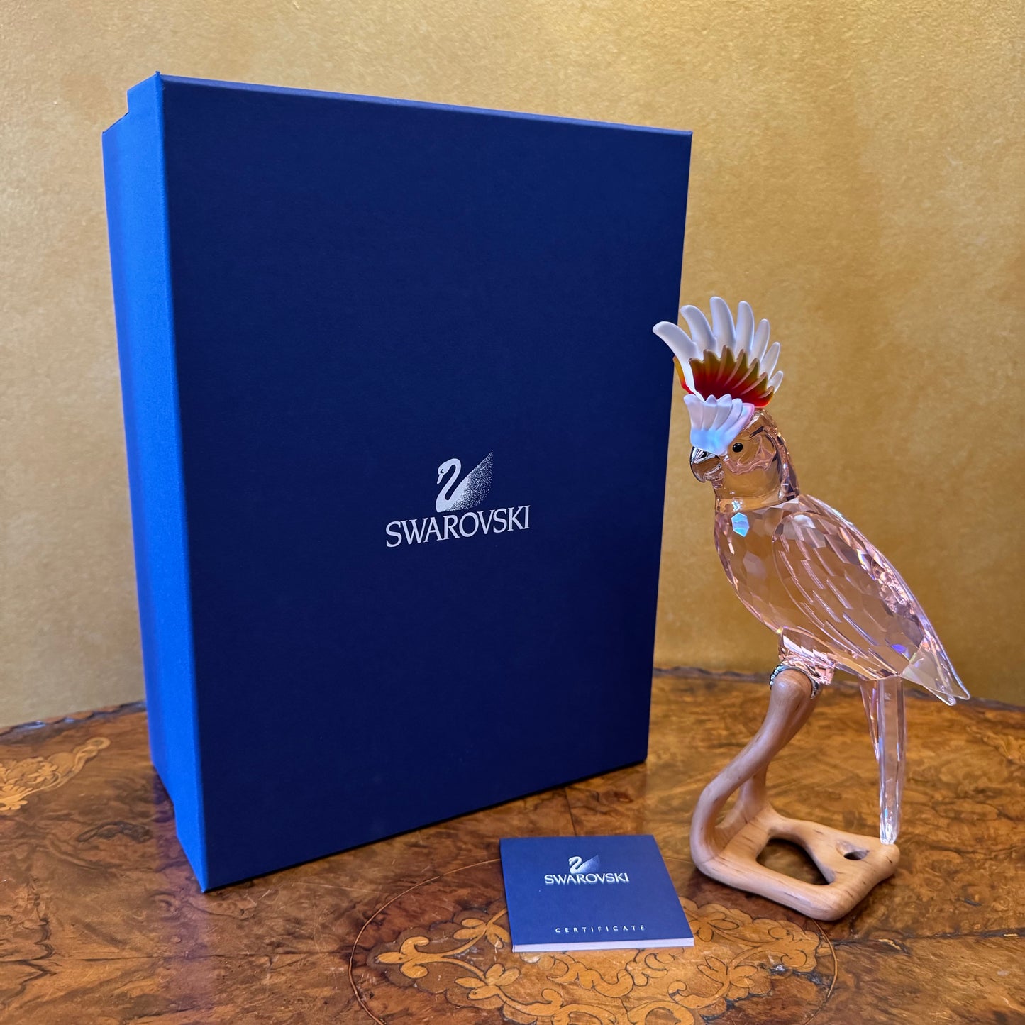 Swarovski Crystal Pink Cockatoo Paradise Birds Wooden Base Figurine