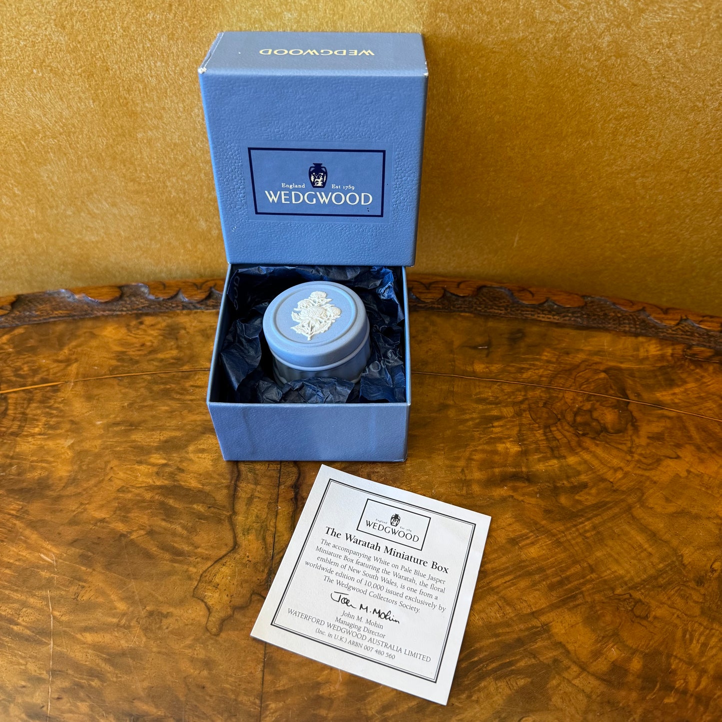 Limited Edition Wedgwood Blue Jasperware Waratah Miniature Trinket Box
