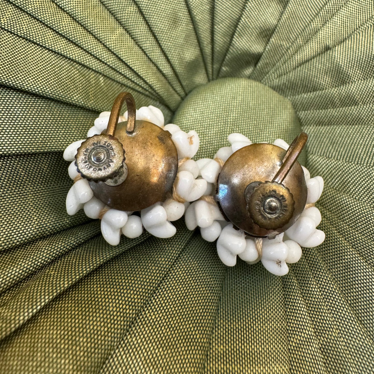 Milk Glass Bead Cluster Flower Screw Back Earrings