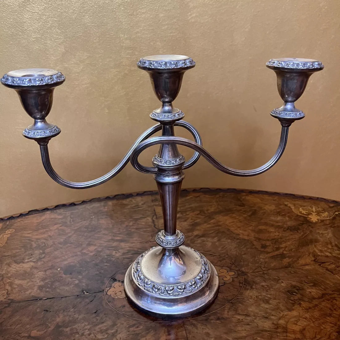 Vintage Ornate Silver Plated Three Branch Candelabra