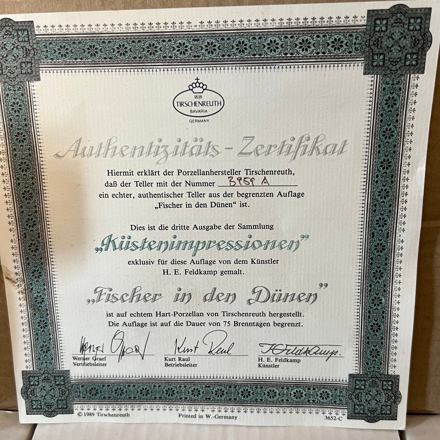 Tirschenreuth Fischer In Den Dunen Plate Certificate