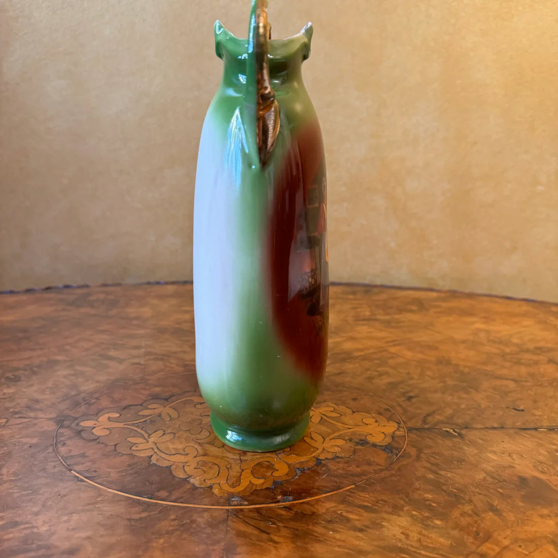 Vintage Printed Green Double Handled Vase