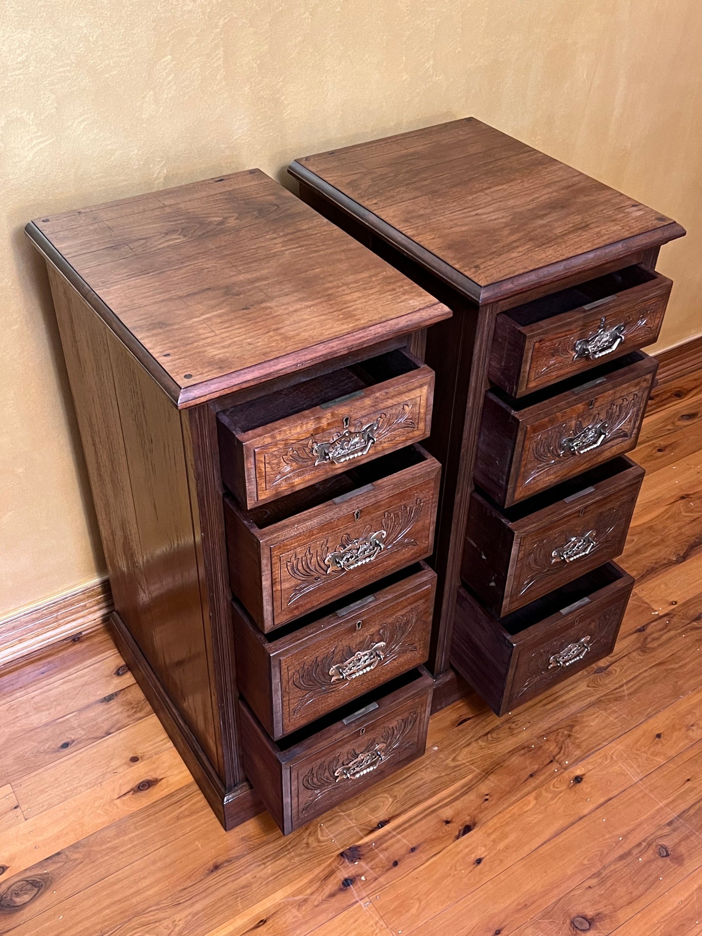 Antique Walnut Chest of Four Drawers Bedside Tables Pair