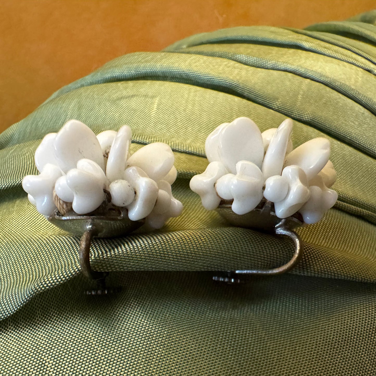 1940s Western Germany Milk Glass Bead Cluster Flower Screw Back Earrings