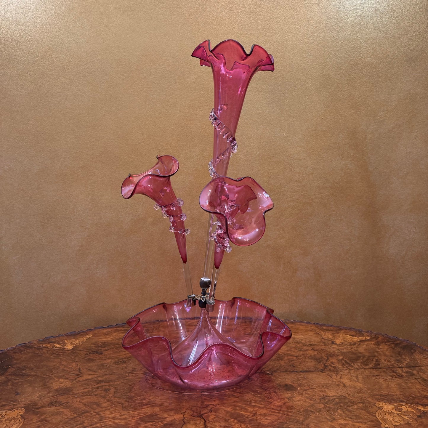 19th Century Victorian Cranberry Glass Four Vase Epergne