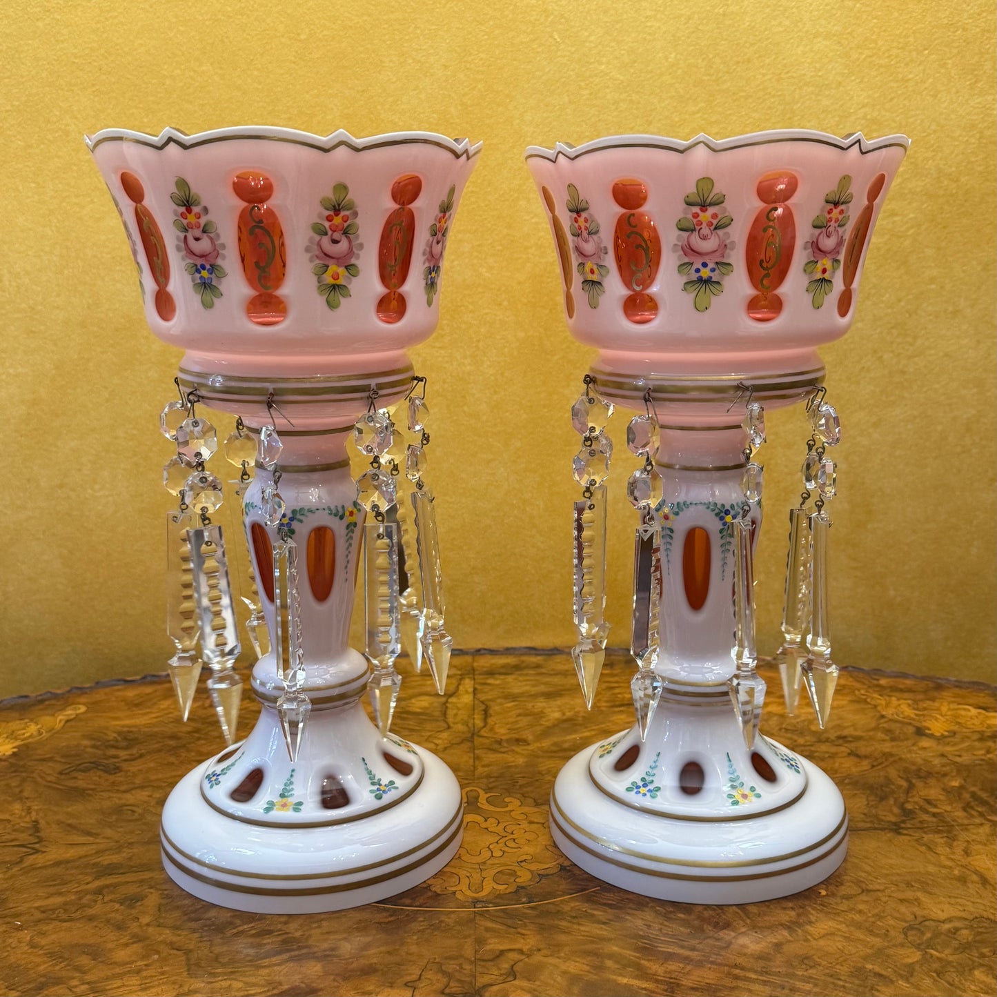 Antique 19th Century Bohemian Ruby-Overlay Mantle Lustres Pair 