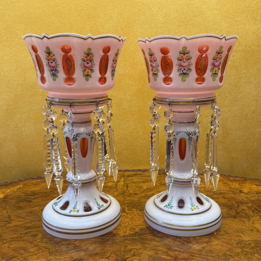 Antique 19th Century Bohemian Ruby-Overlay Mantle Lustres Pair 