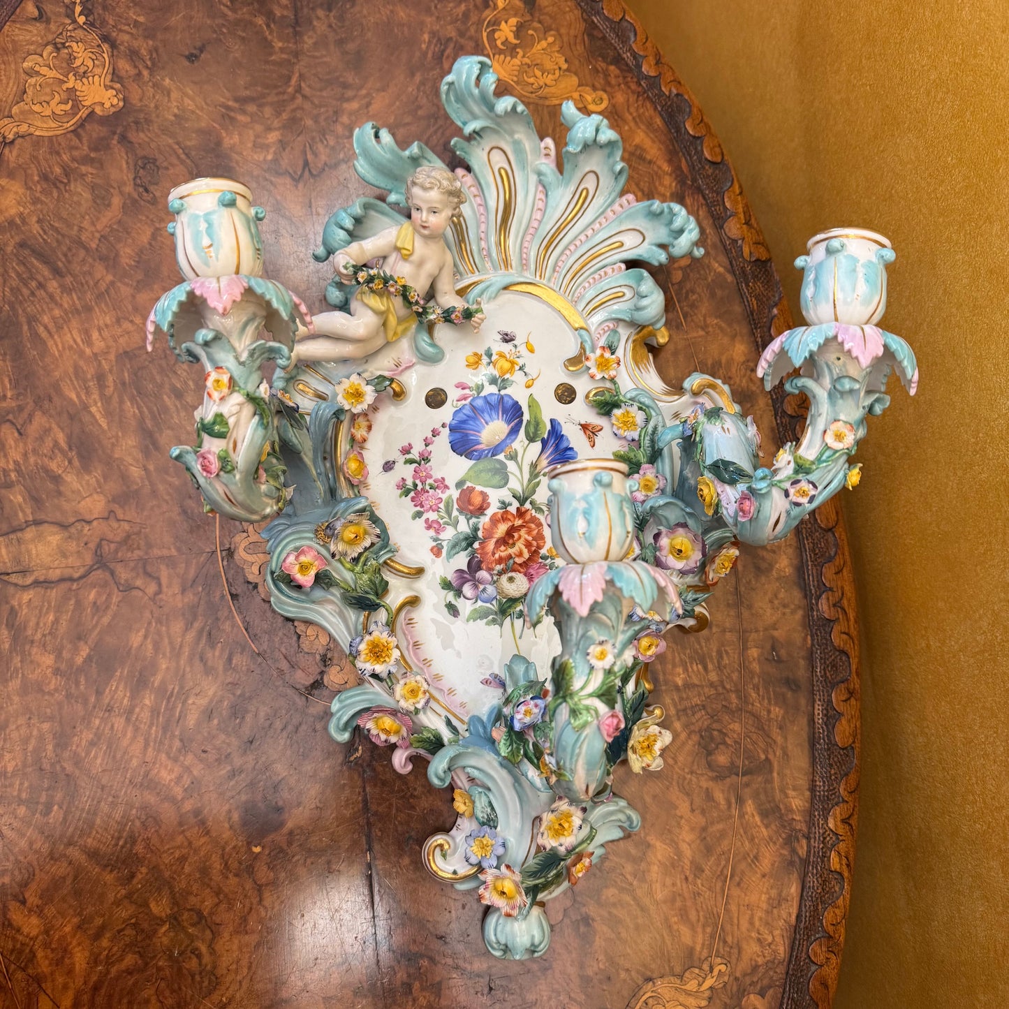 Antique 19th Century Meissen Porcelain Wall Candelabra Scones 