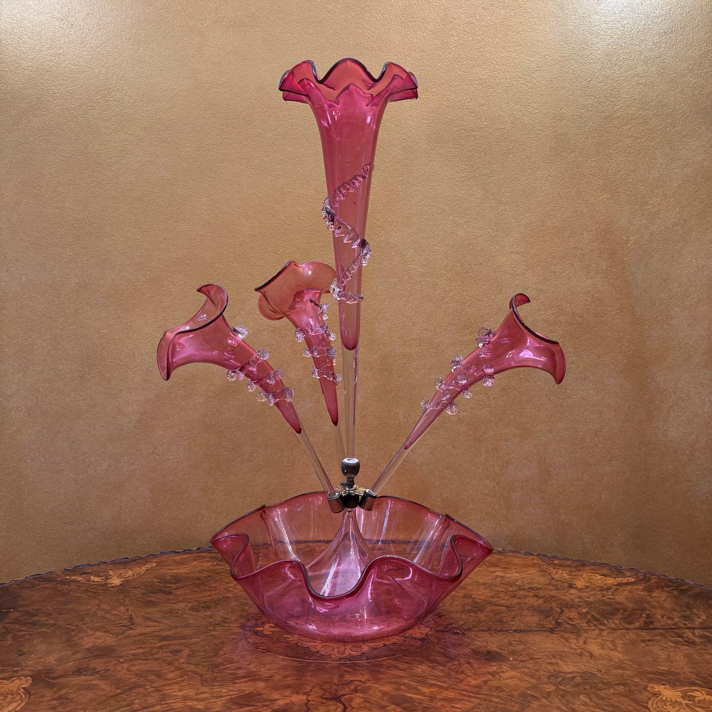 Antique 19th Century Victorian Cranberry Glass Four Vase Epergne