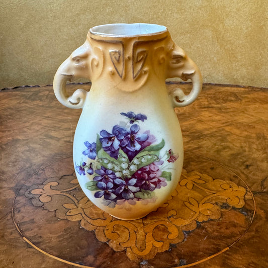 Antique Austrian Double Elephant Handles Floral Hand Painted Vase