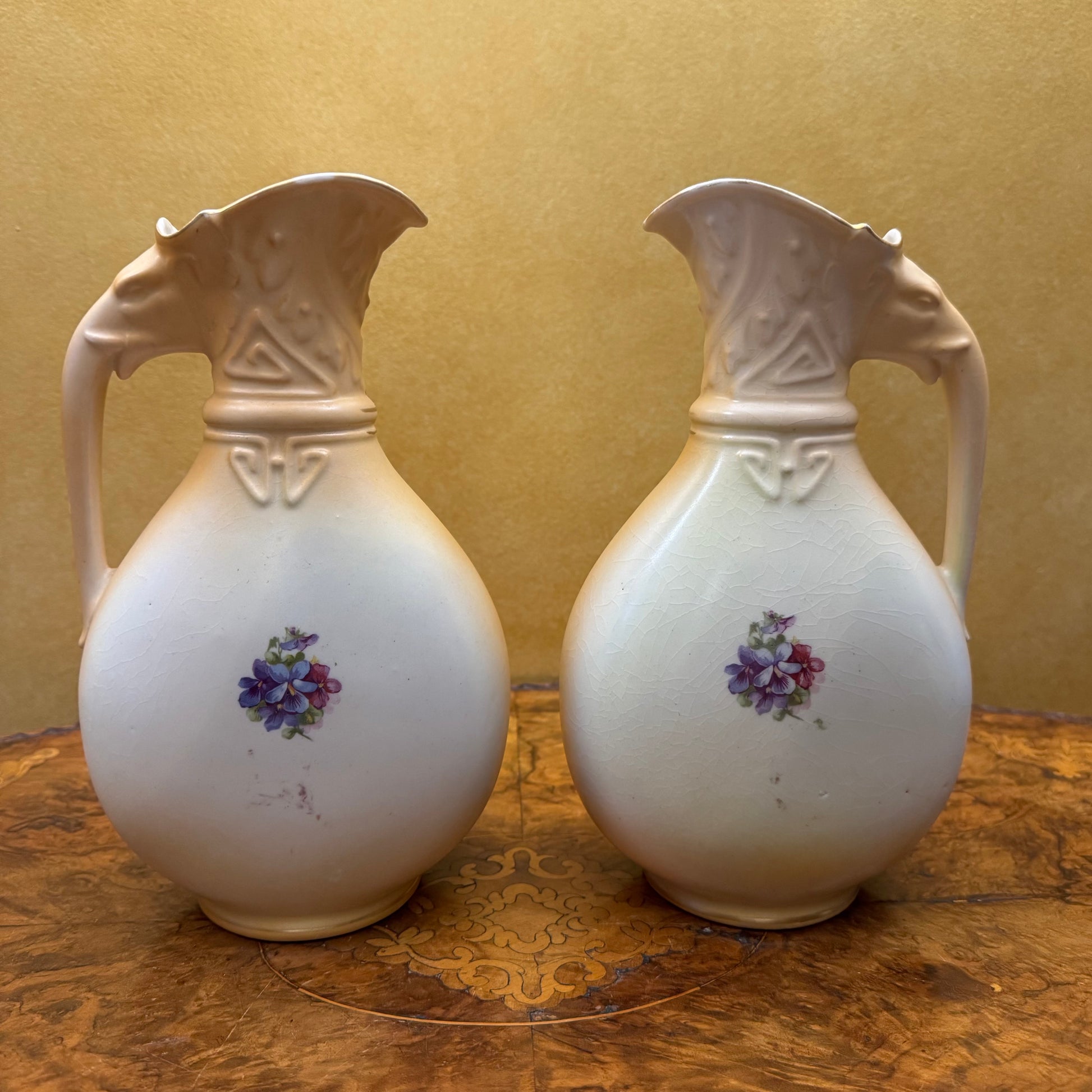 Antique Austrian Hand-Painted Elephant Handle Jugs 