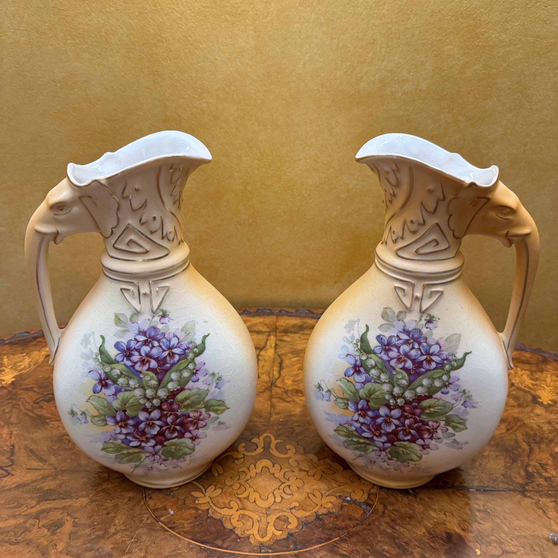 Antique Austrian Hand-Painted Elephant Handle Jugs Pitcher 
