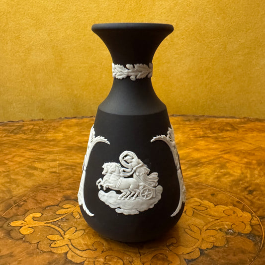 Antique Black Jasperware White Embossed Design Vase 