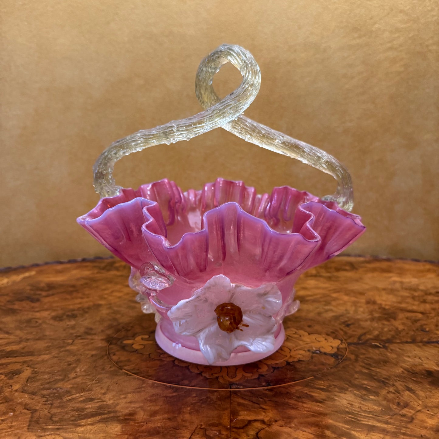Antique Cranberry Glass Ruffled Basket