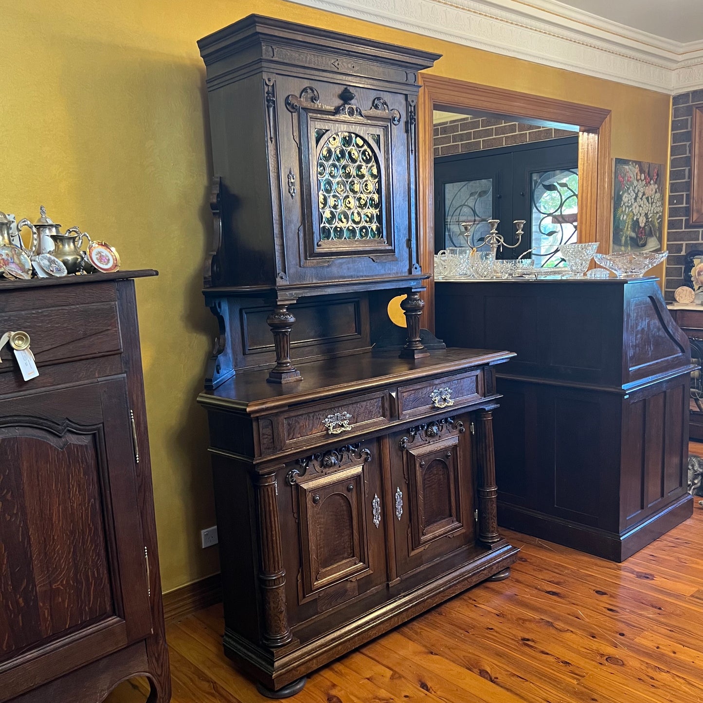 Antique Display Oak Lead Light Cabinet 