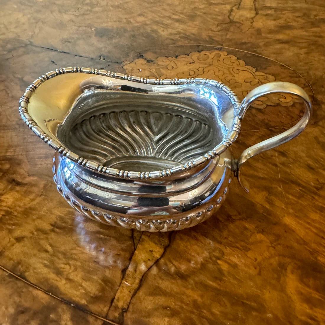 Antique English Silver Plated Three Piece Tea Pot Milk & Sugar Set