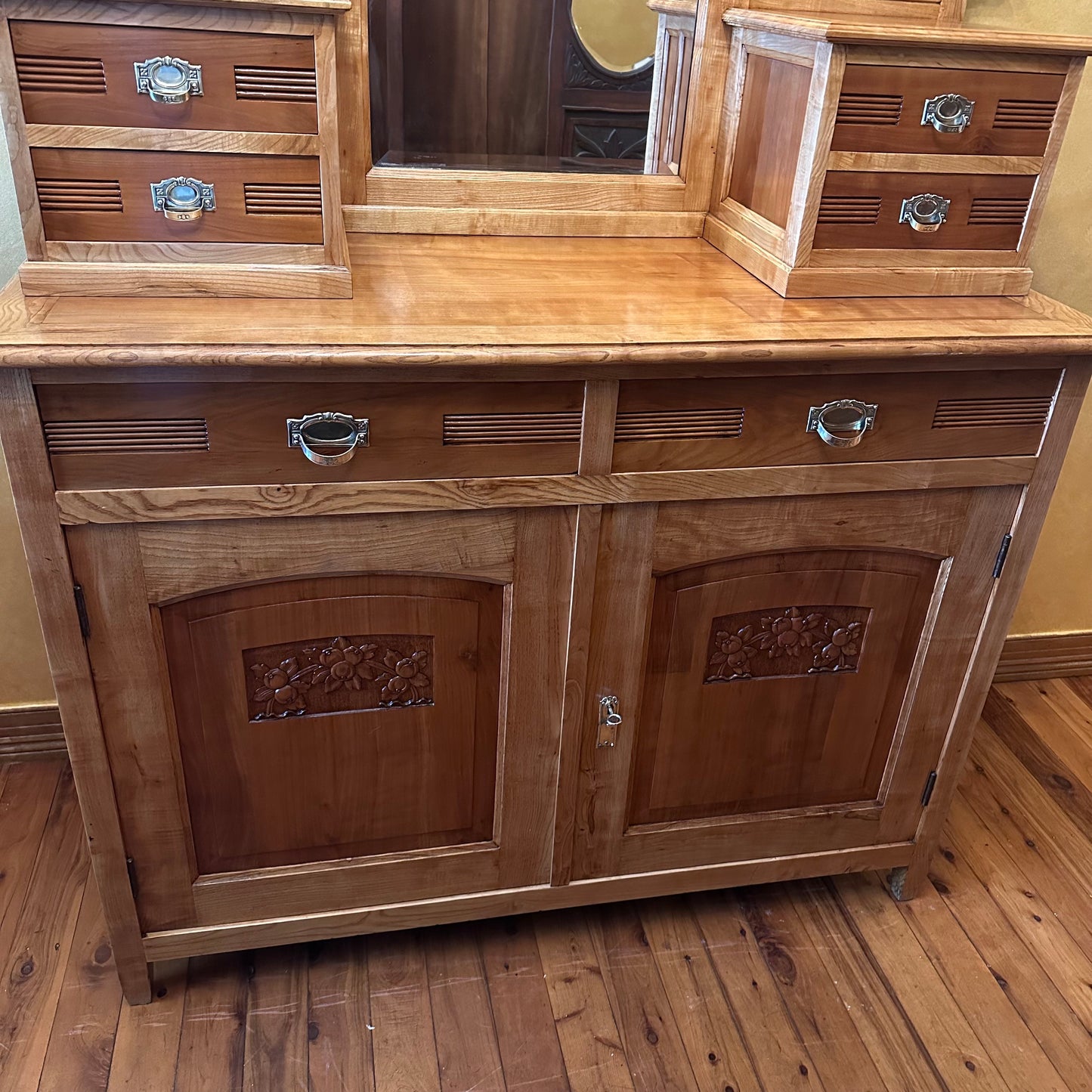 Antique French Elm Mirror Drawers Sideboard 