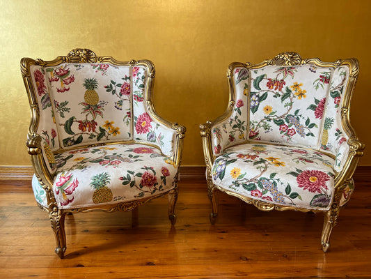 Antique French Gold Gilt Wingback Chairs Pair