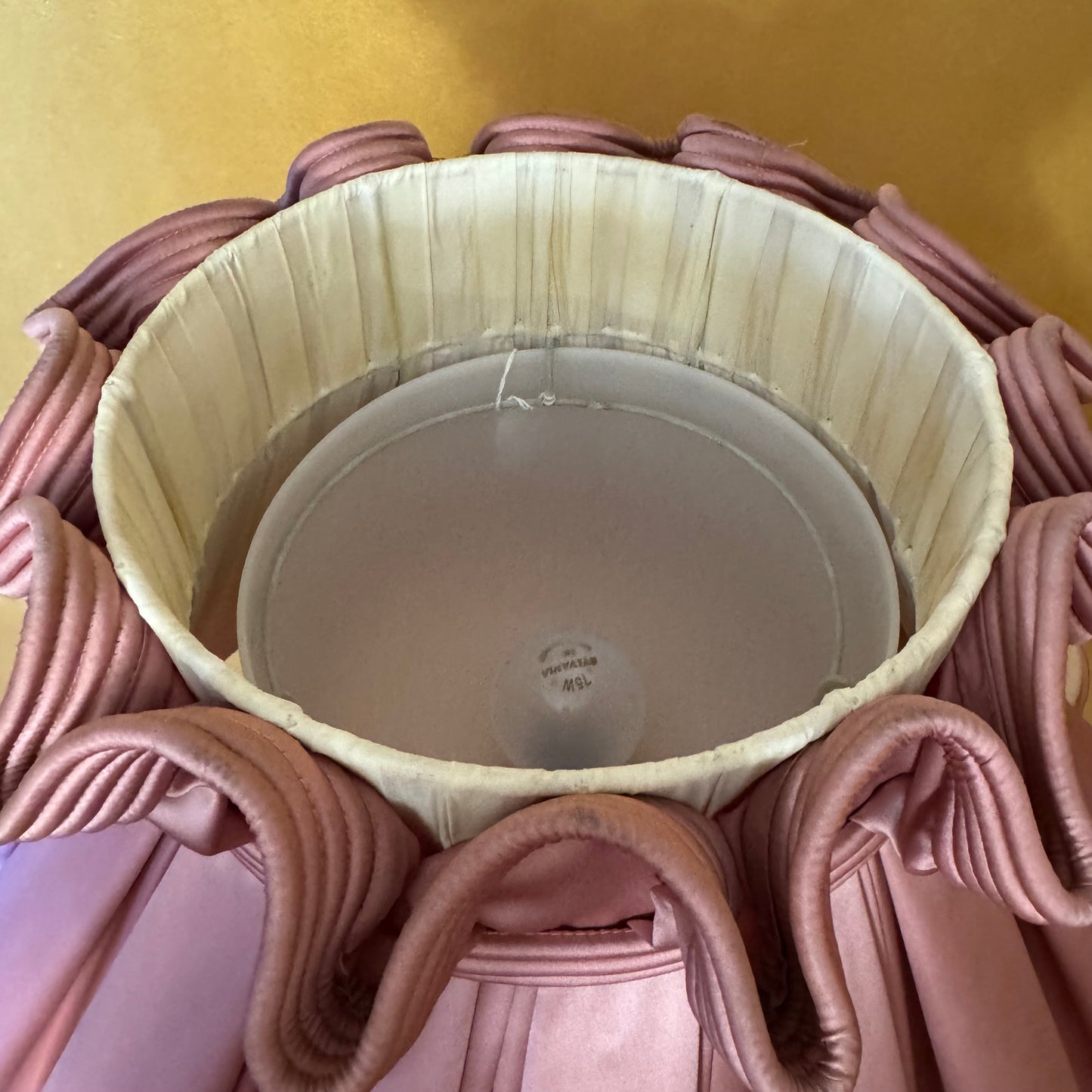 Antique French Oak Floor Lamp Table w Pink Large Shade