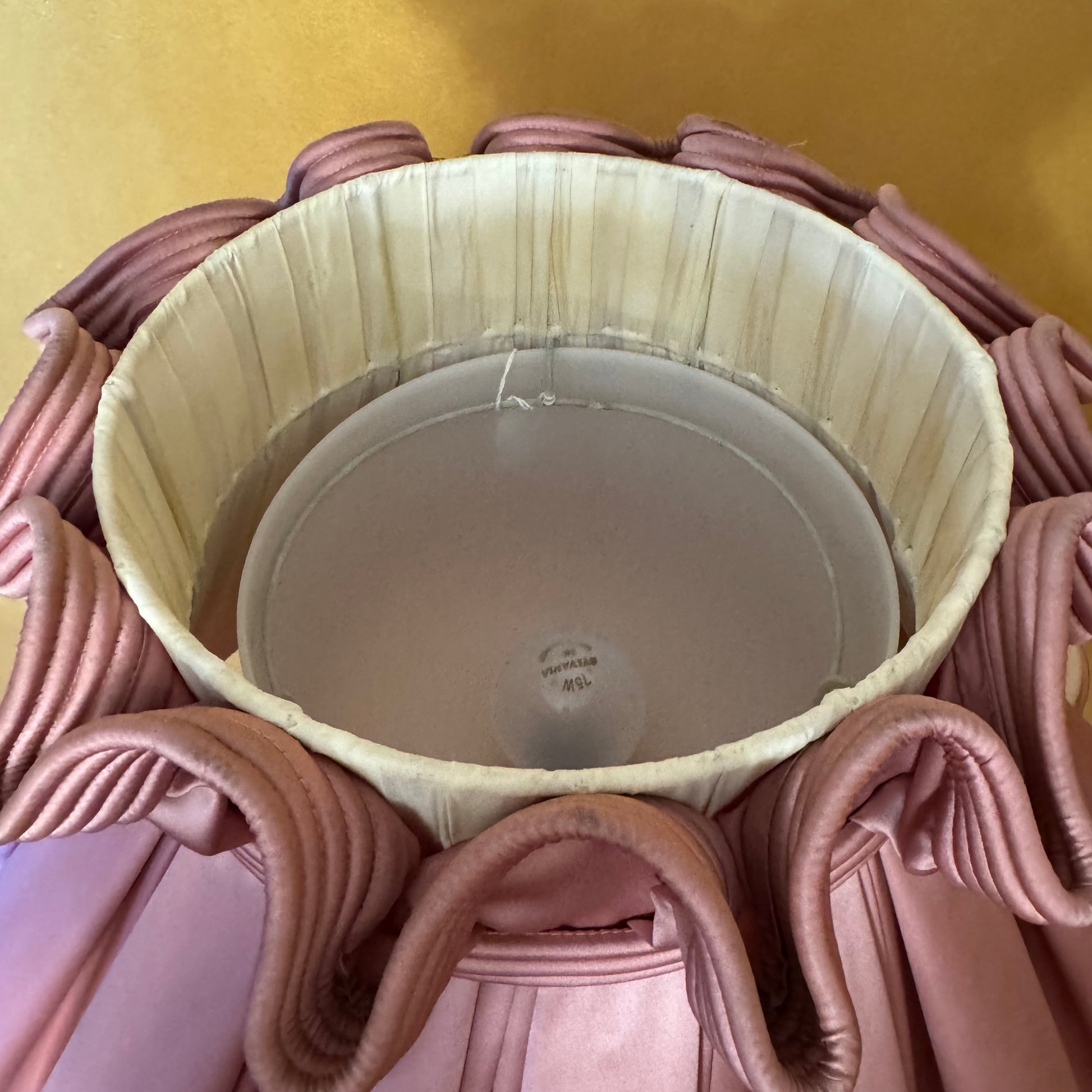 Antique French Oak Floor Lamp Table w Pink Large Shade