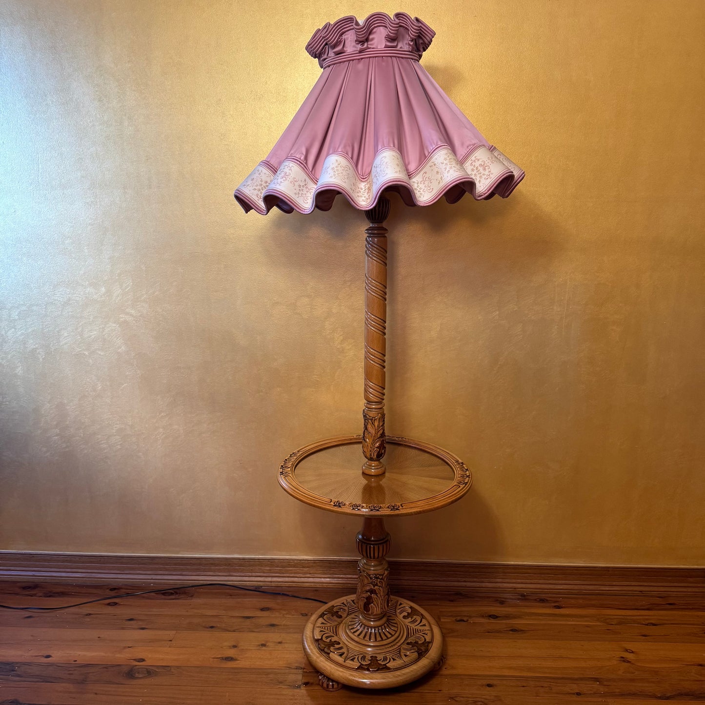 Antique French Oak Floor Lamp Table with Pink Large Shade