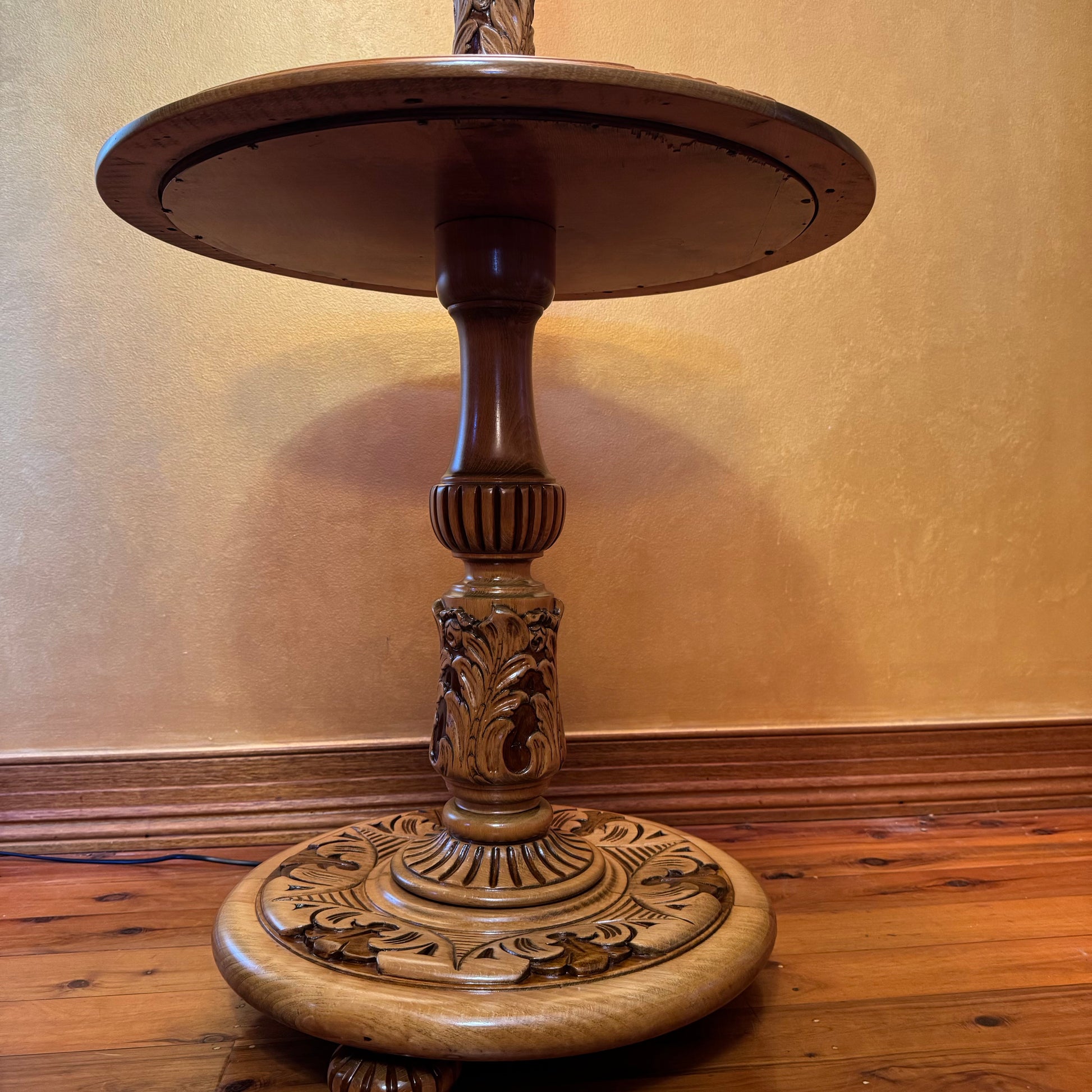 Antique French Oak Floor Lamp W Table 