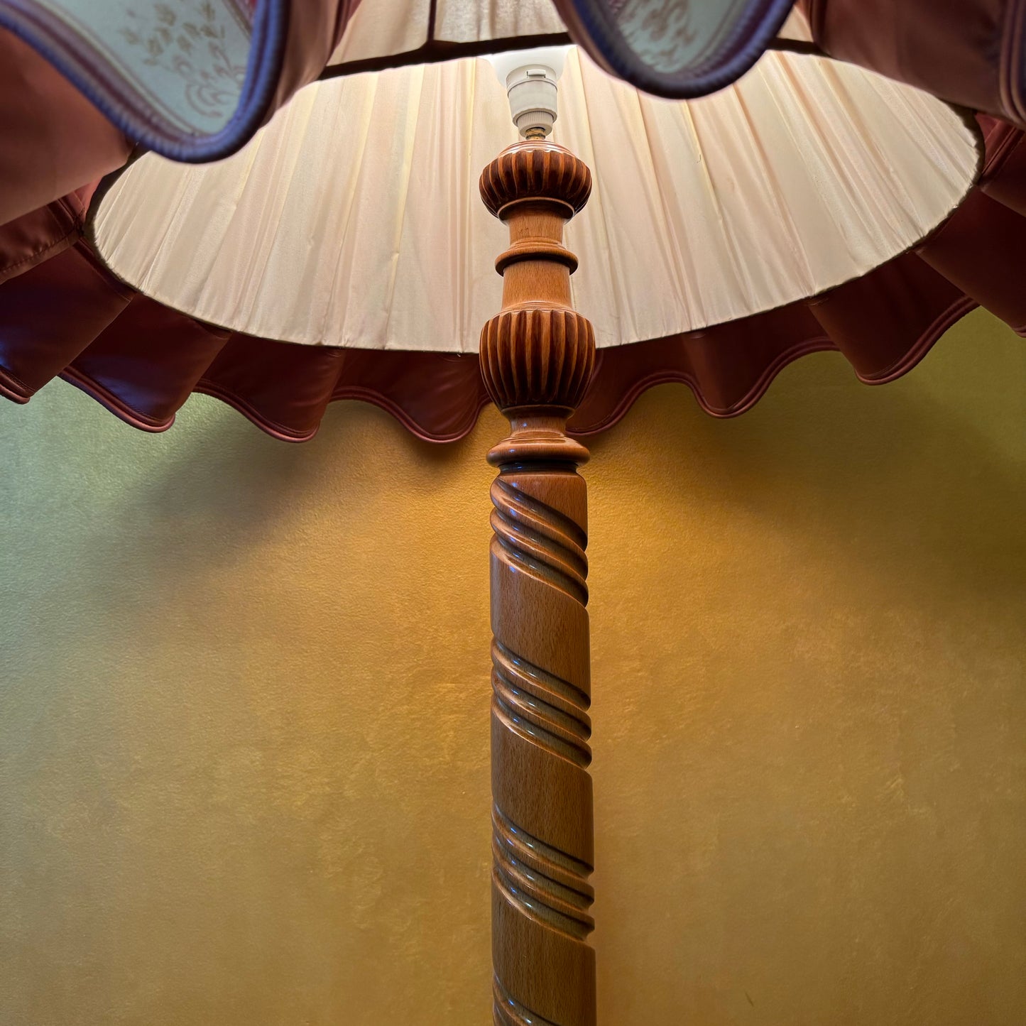 Antique French Oak Floor Lamp With Round Table Large Shade