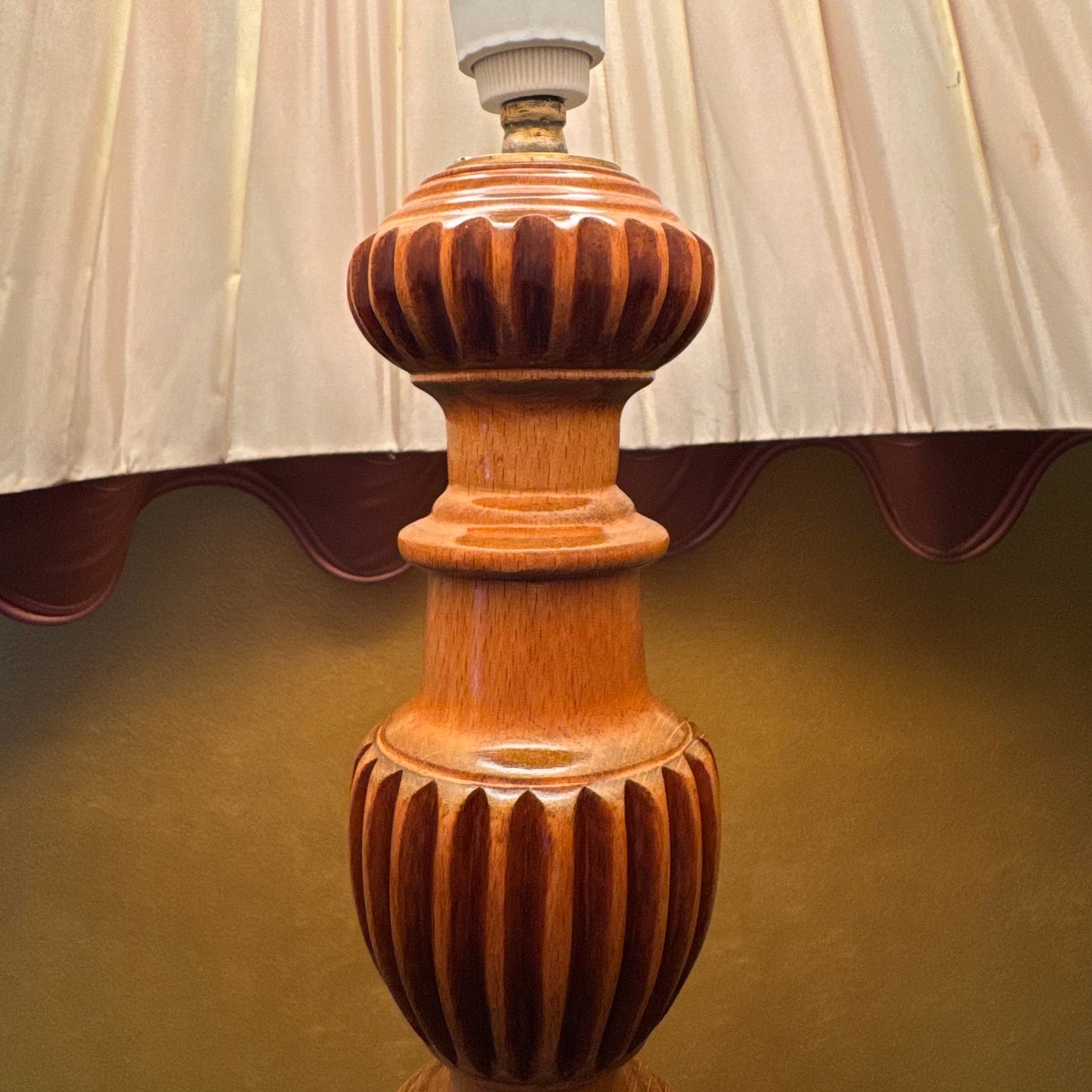 Antique French Oak Floor Lamp With Round Table Pink Large Shade