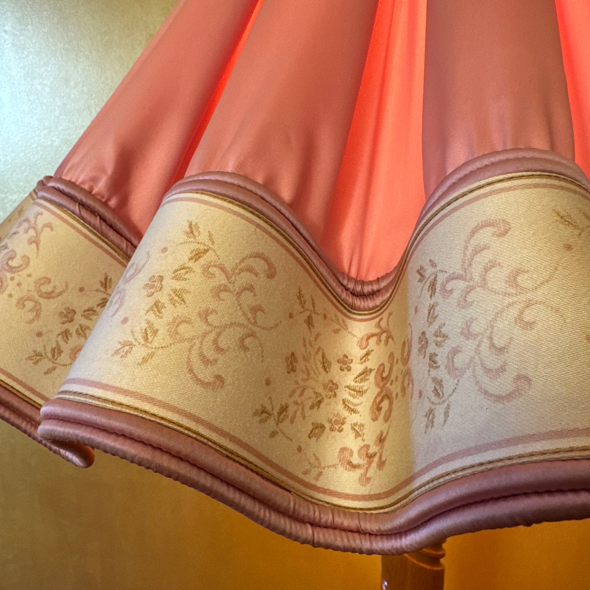 Antique French Oak Floor Lamp With Round Table Pink Shade