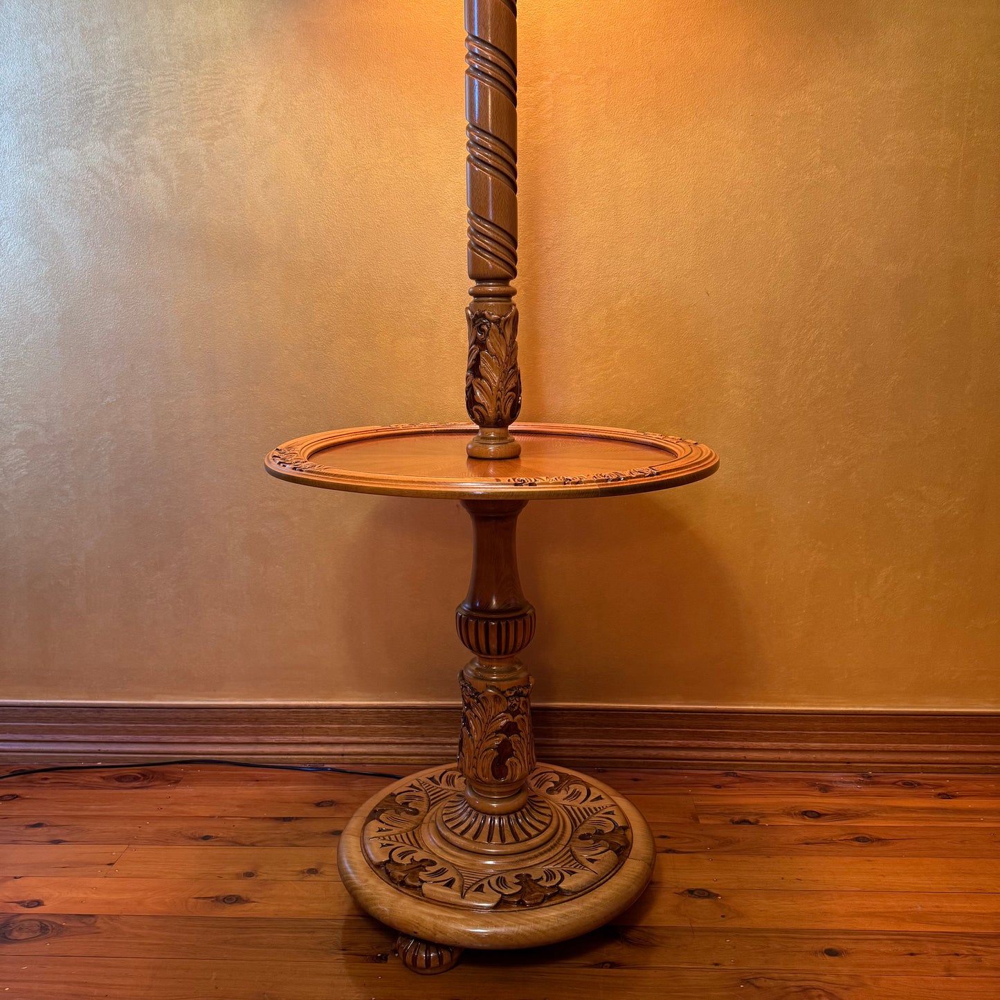 Antique French Oak Large Floor Lamp With Table 