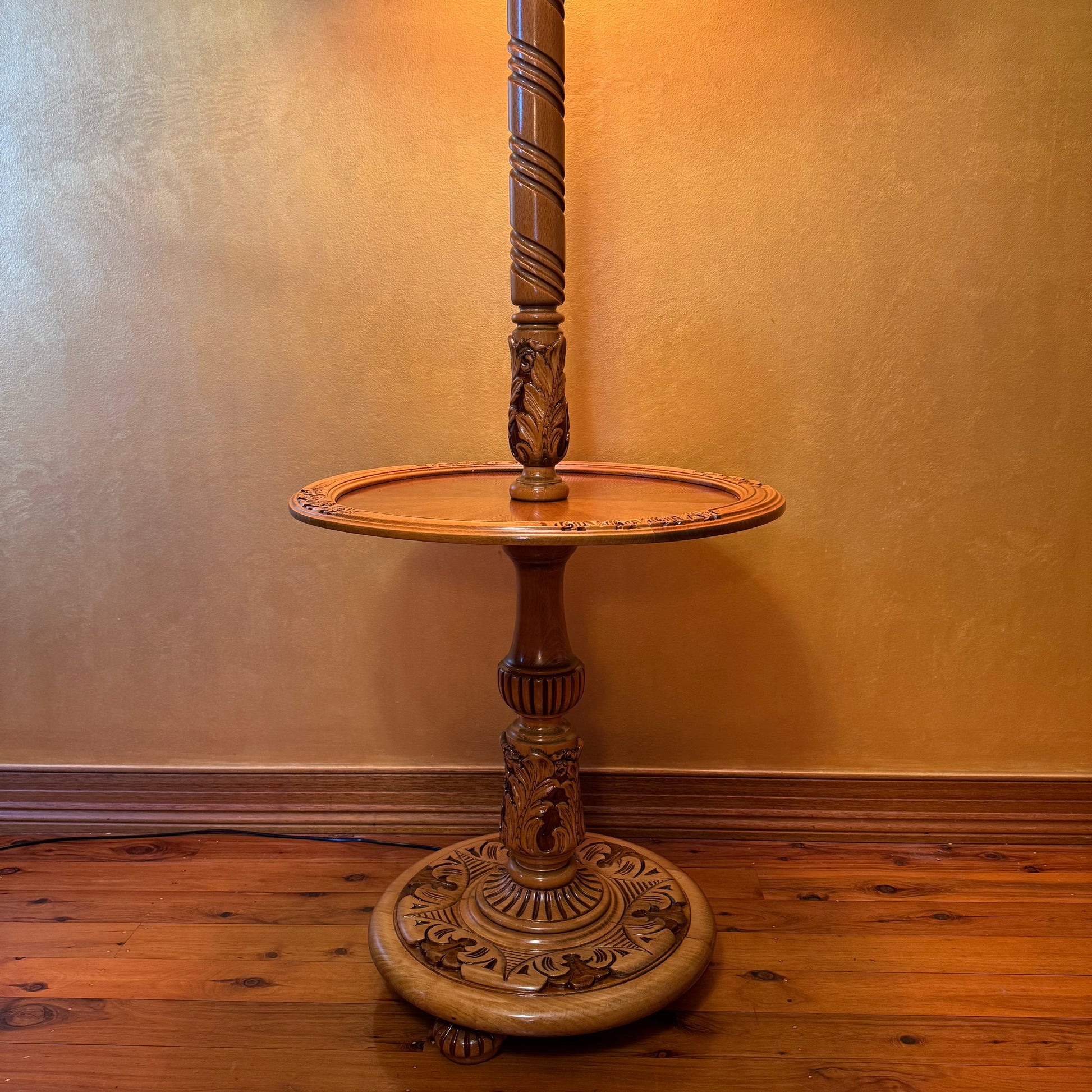 Antique French Oak Large Floor Lamp With Table 