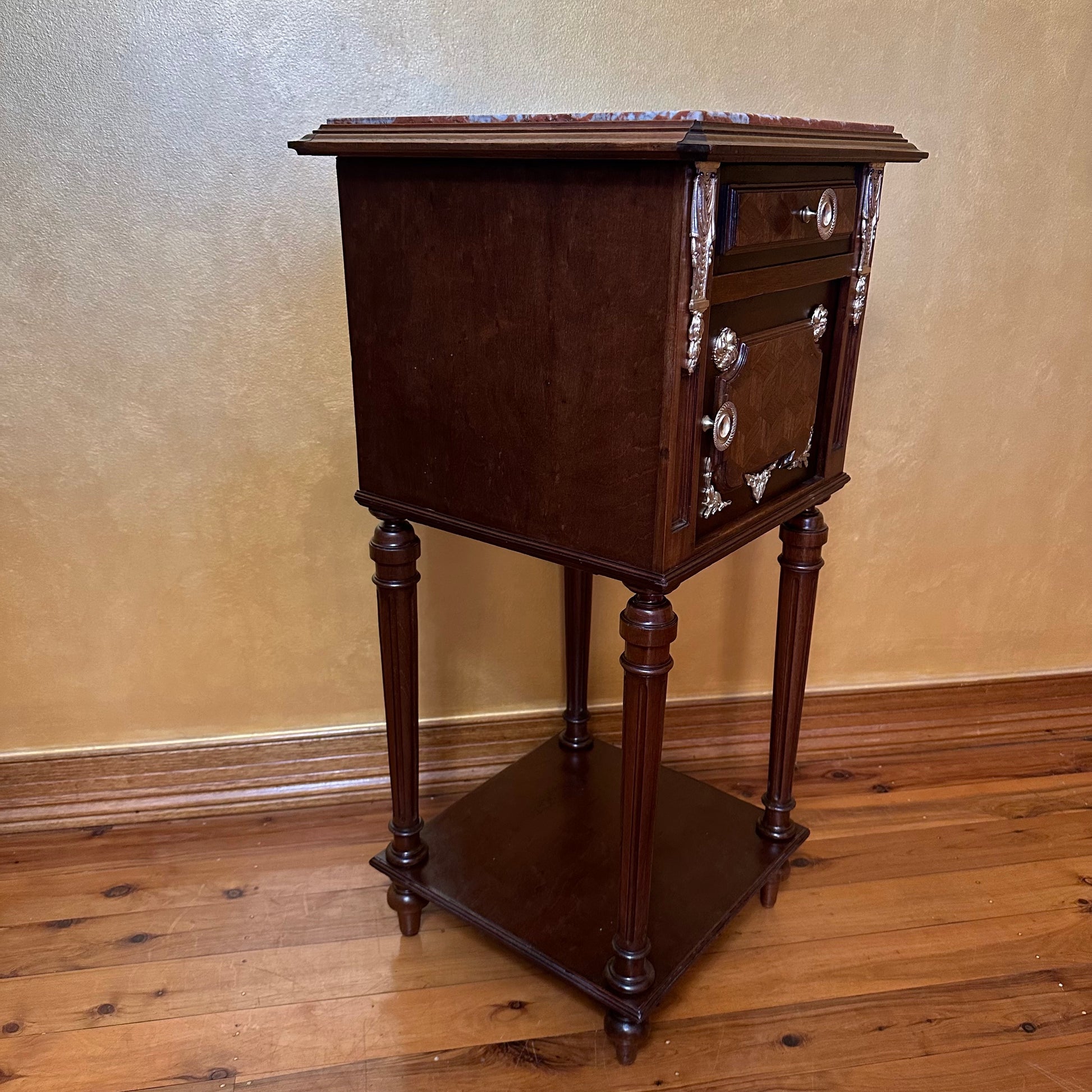 Antique French Walnut Marble Bed Side Table