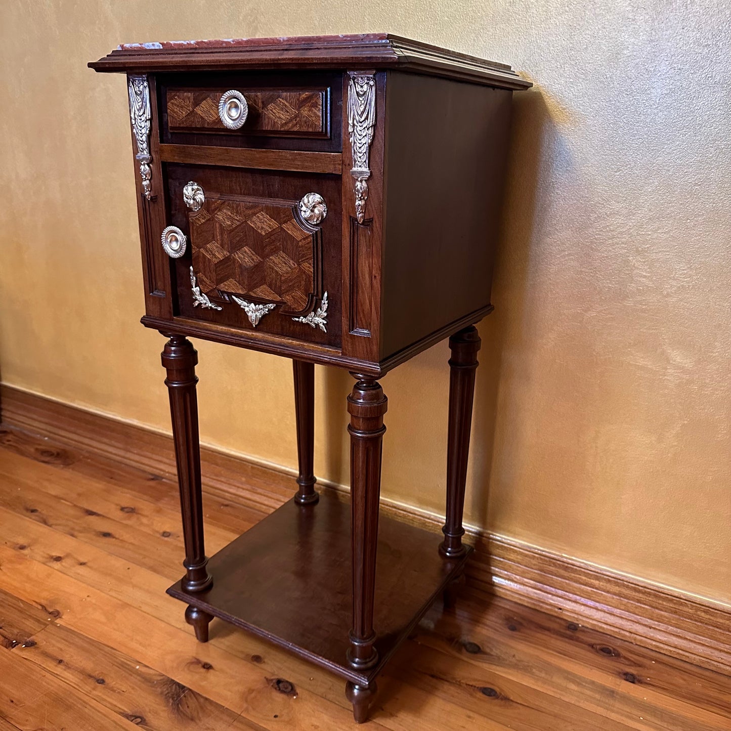 Antique French Walnut Marble Bedside Table