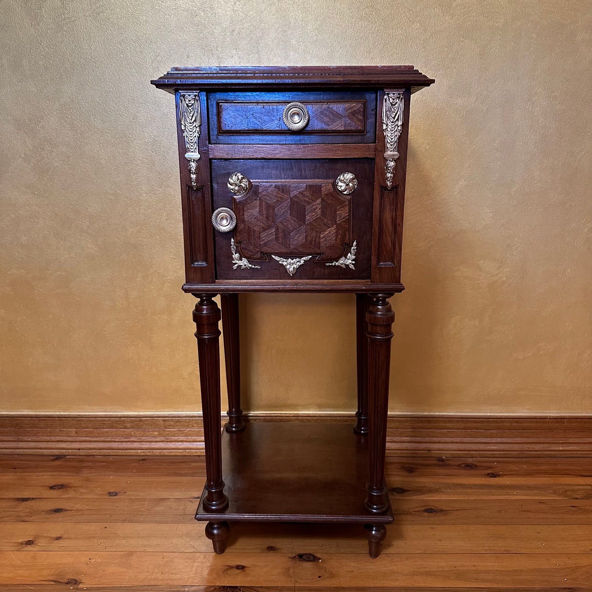 Antique French Walnut Marble Top Bedside Table