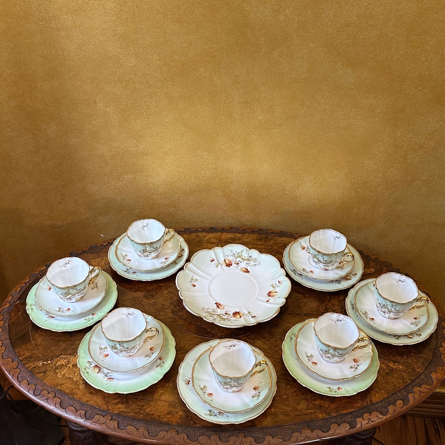 Antique German Green Floral 22 Piece Tea 