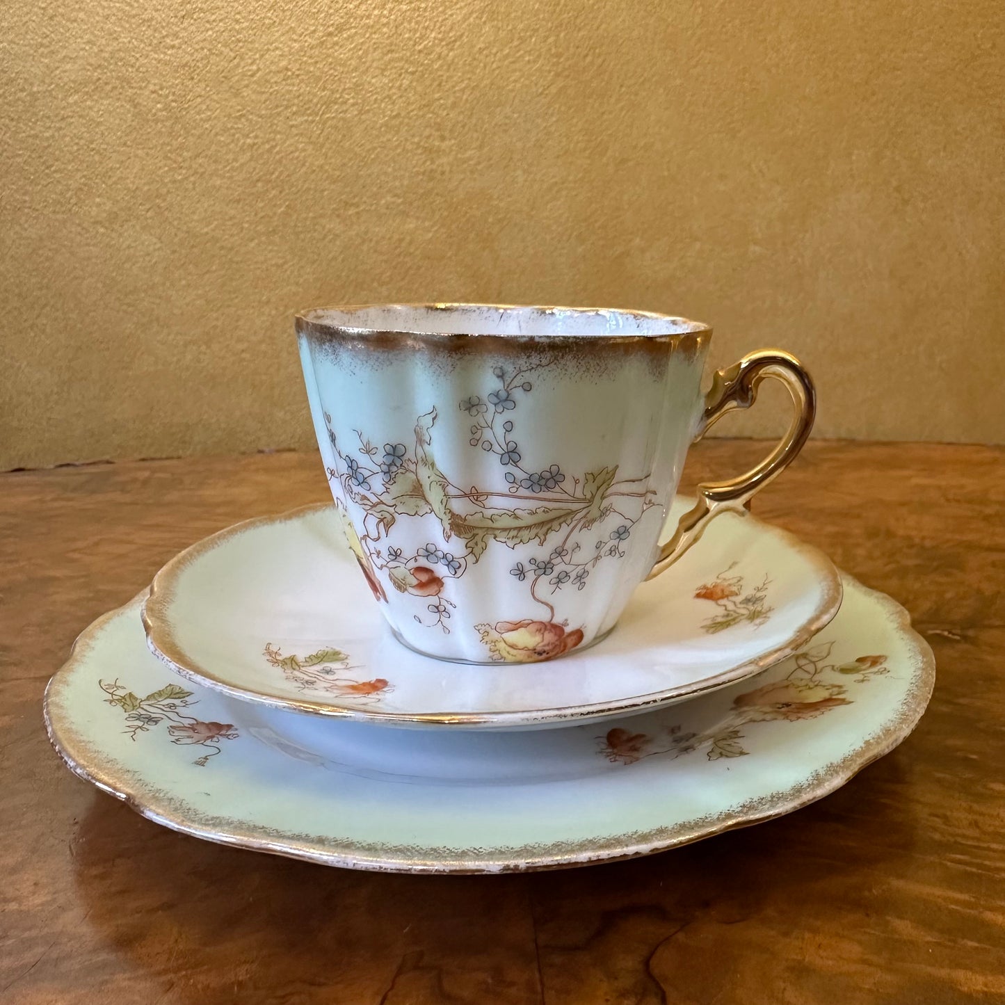 Antique German Green Floral 22 Piece Tea Cup Trio