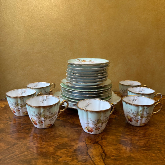 Antique German Green Floral 22 Piece Tea Set 