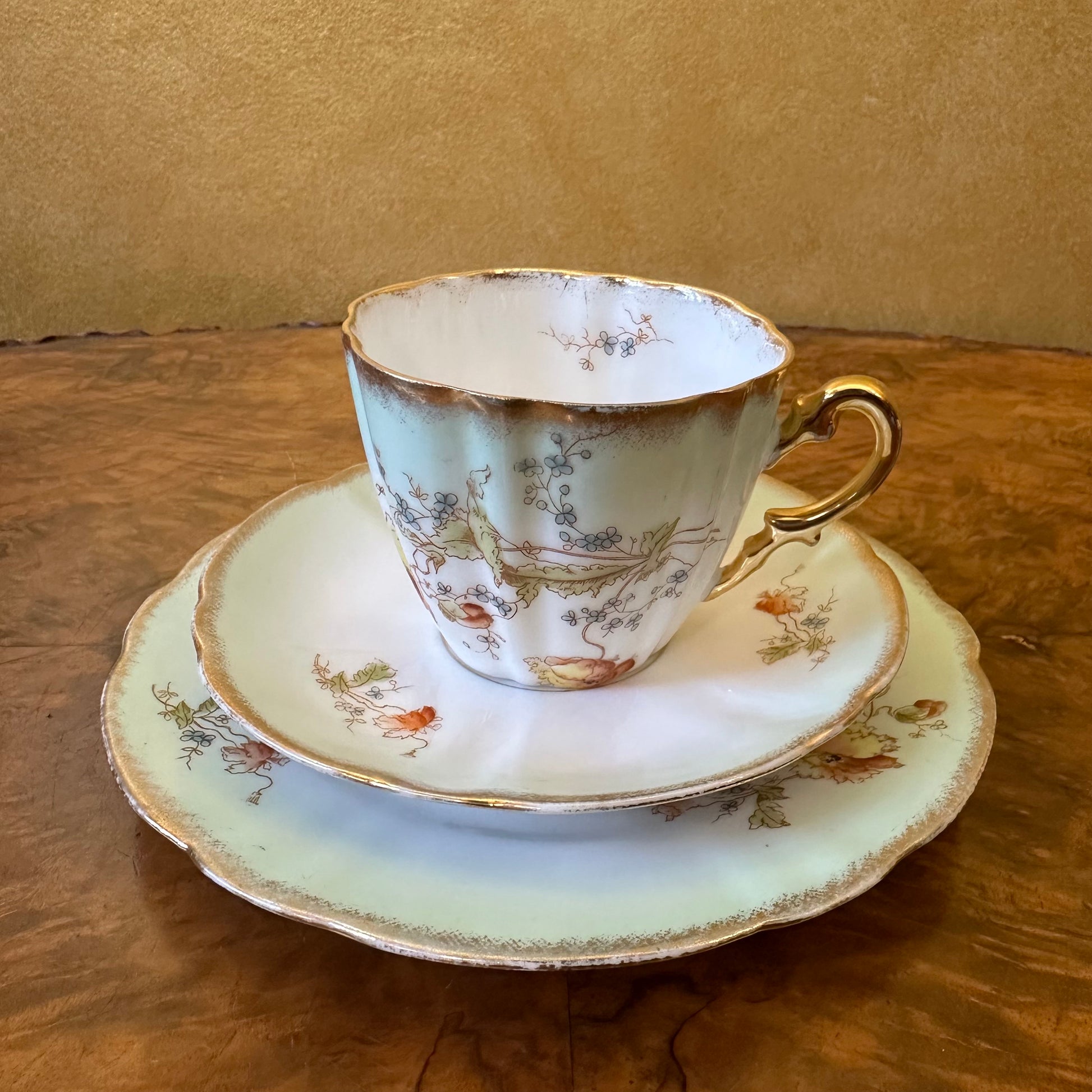 Antique German Green Floral Tea Cup Trio