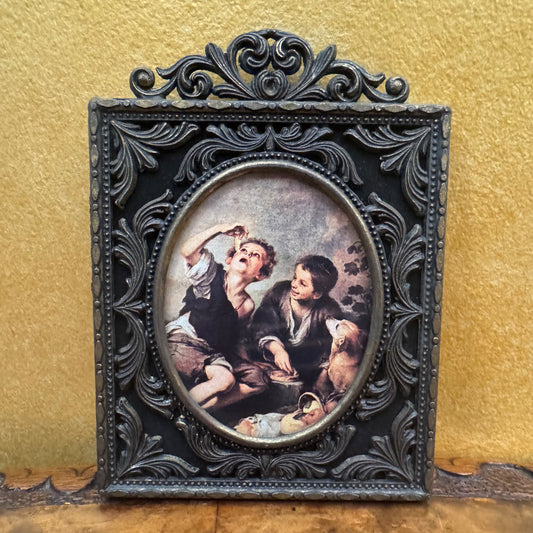 Antique Italian Brass Frame Print Children Eating a Pie