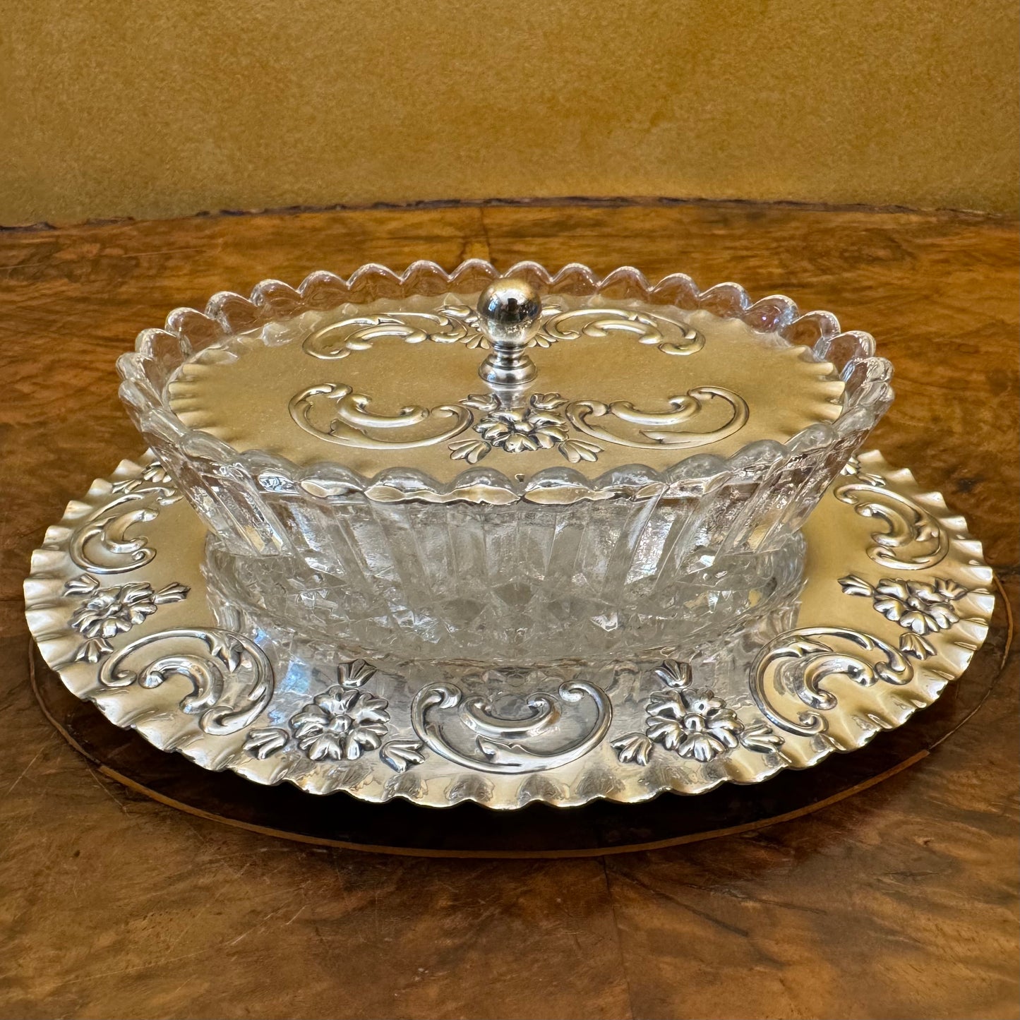 Antique James Dixon & Sons Silver Plate Lid Tray Glass Bowl