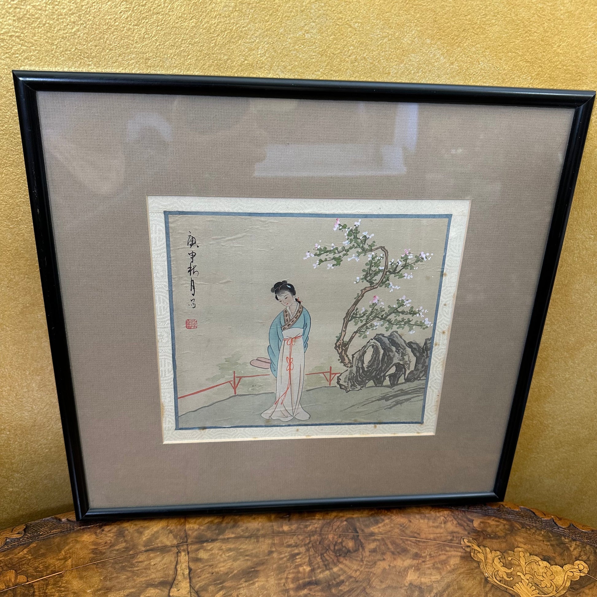Antique Japanese Watercolor on Silk Geisha Painting