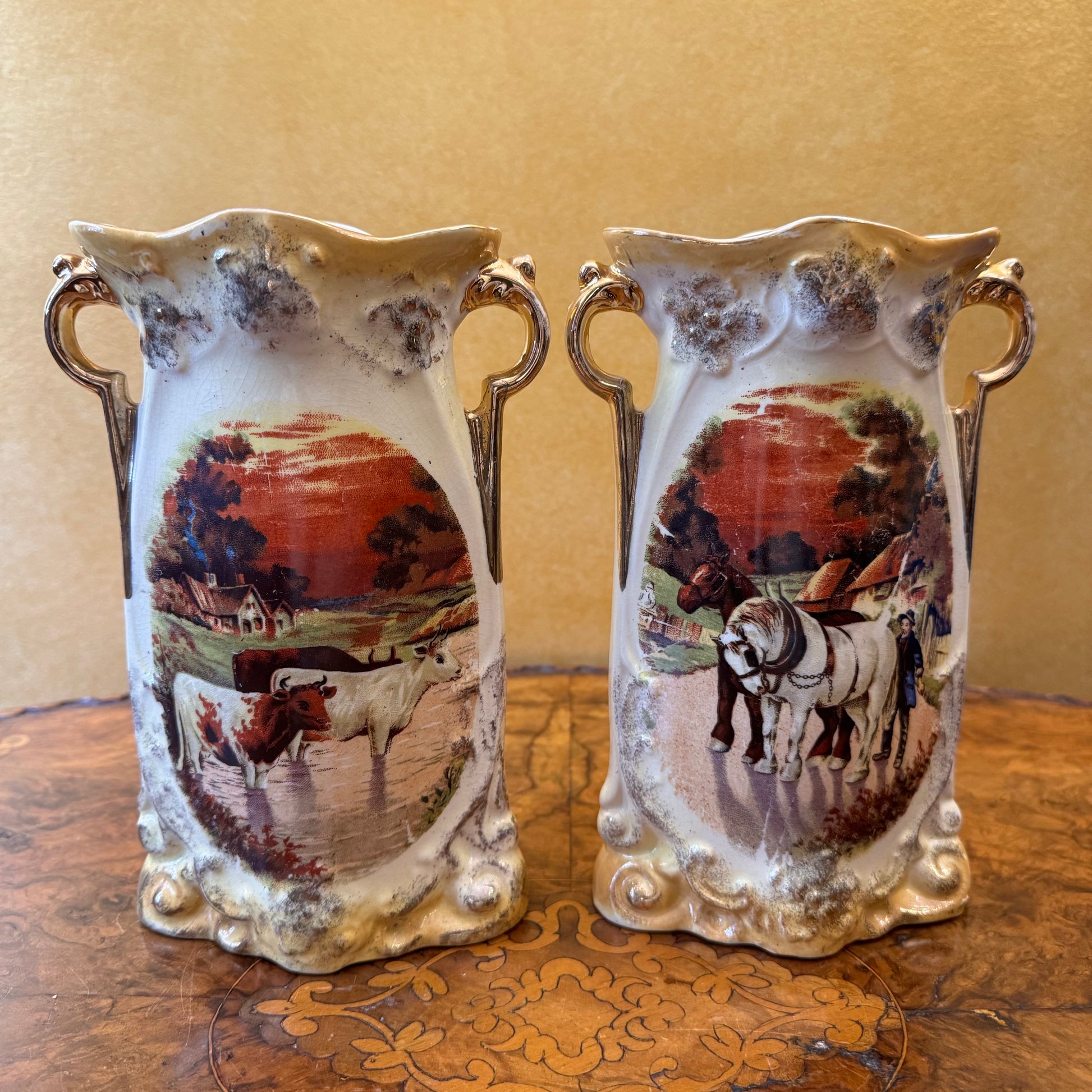 Antique Lancaster & Sons Hanley Cow & Horse Print Vases Pair 