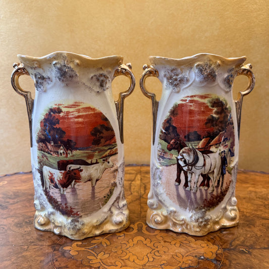Antique Lancaster & Sons Hanley Cow & Horse Print Vases Pair 
