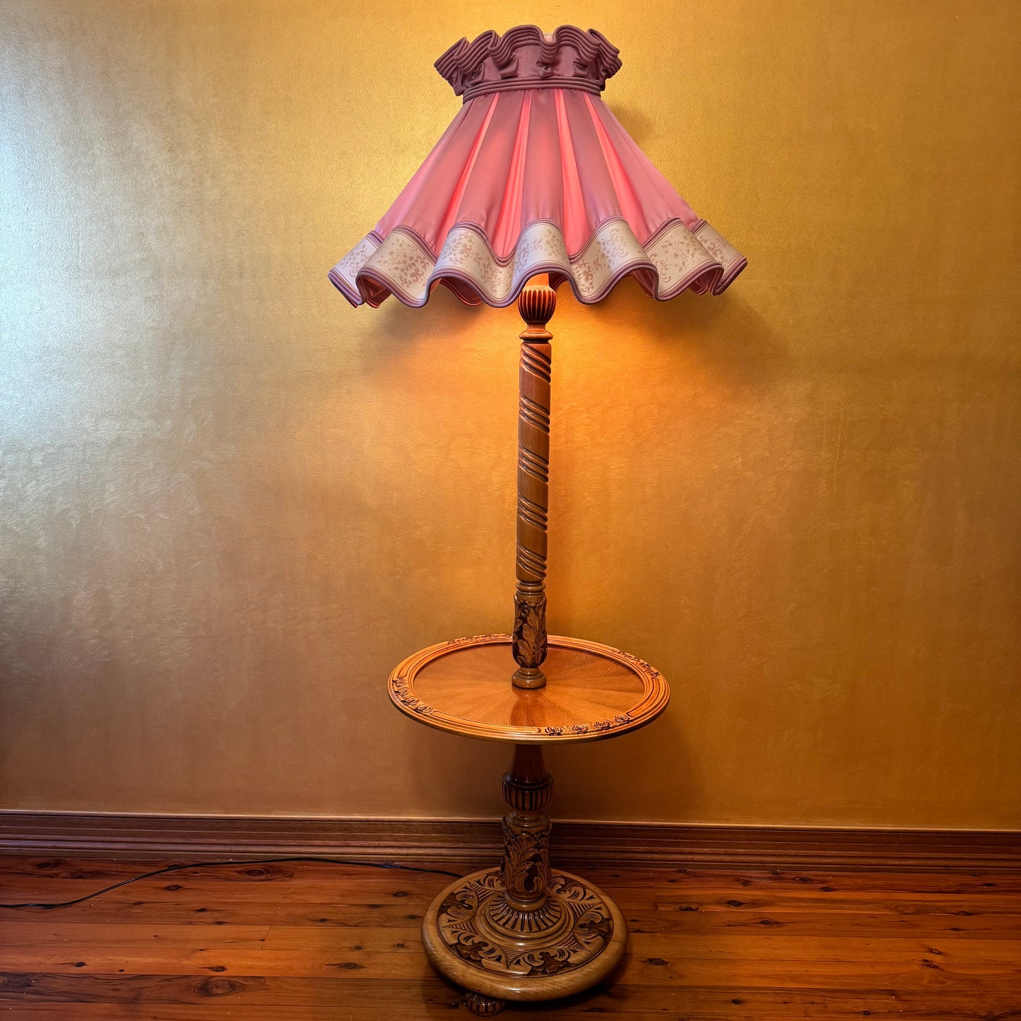 Antique Oak Large Floor Lamp With Round Table 