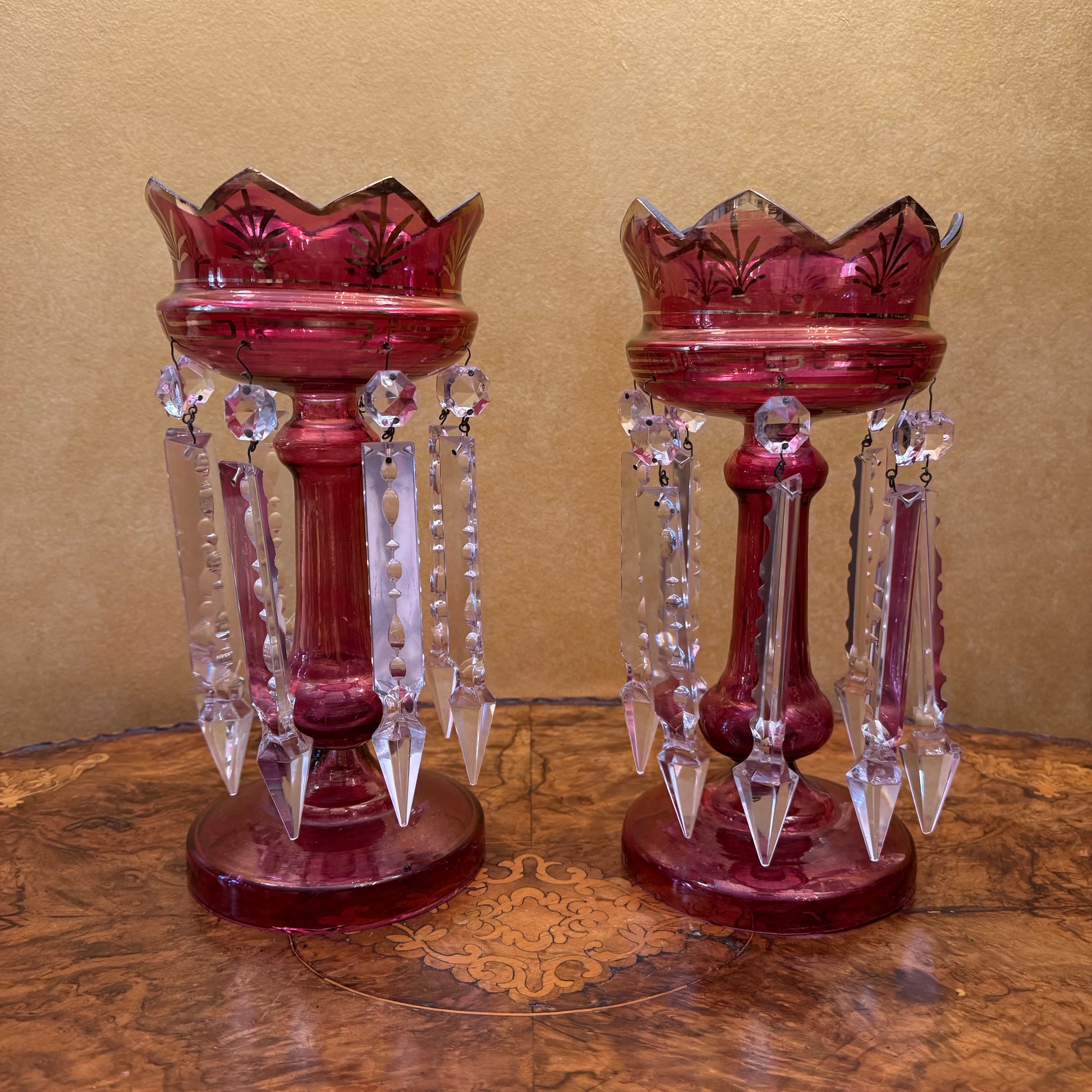 Antique Victorian Cranberry Lustres Mantle Pieces Pair