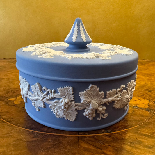 Antique Wedgwood Blue Jasperware Round Trinket Box